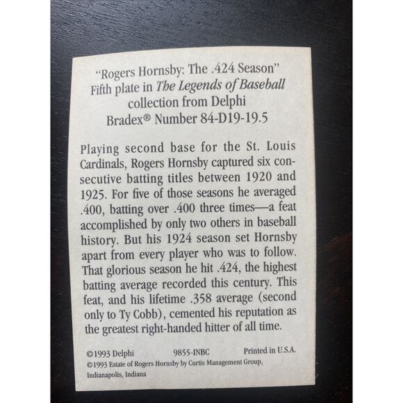 DELPHI ROGER HORNSBY THE .424 SEASON LARGE 8" PLATE BRADFORD EXCHANGE - Picture 7 of 7